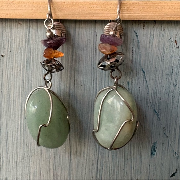 Jewelry - Silver and Green Stone Dangle Earrings